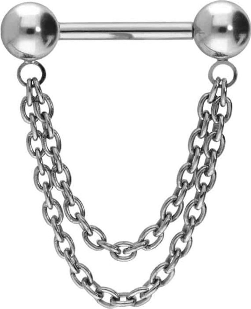 Zungenpiercing, Intim-Piercing Titan Barbell mit Push Fit 2 KETTEN Silber Stablänge: 14mm