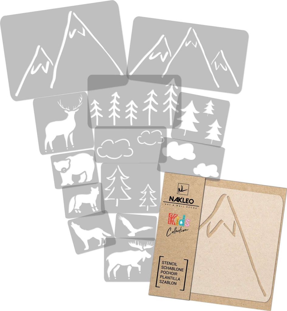 Schablonen Malen für Kinder, 14 Stück Set 9x12 bis 23x34 cm Berge Wälder, Wiederverwendbare Kunststoff für Kinderzimmer Malvorlage Raumdekoration