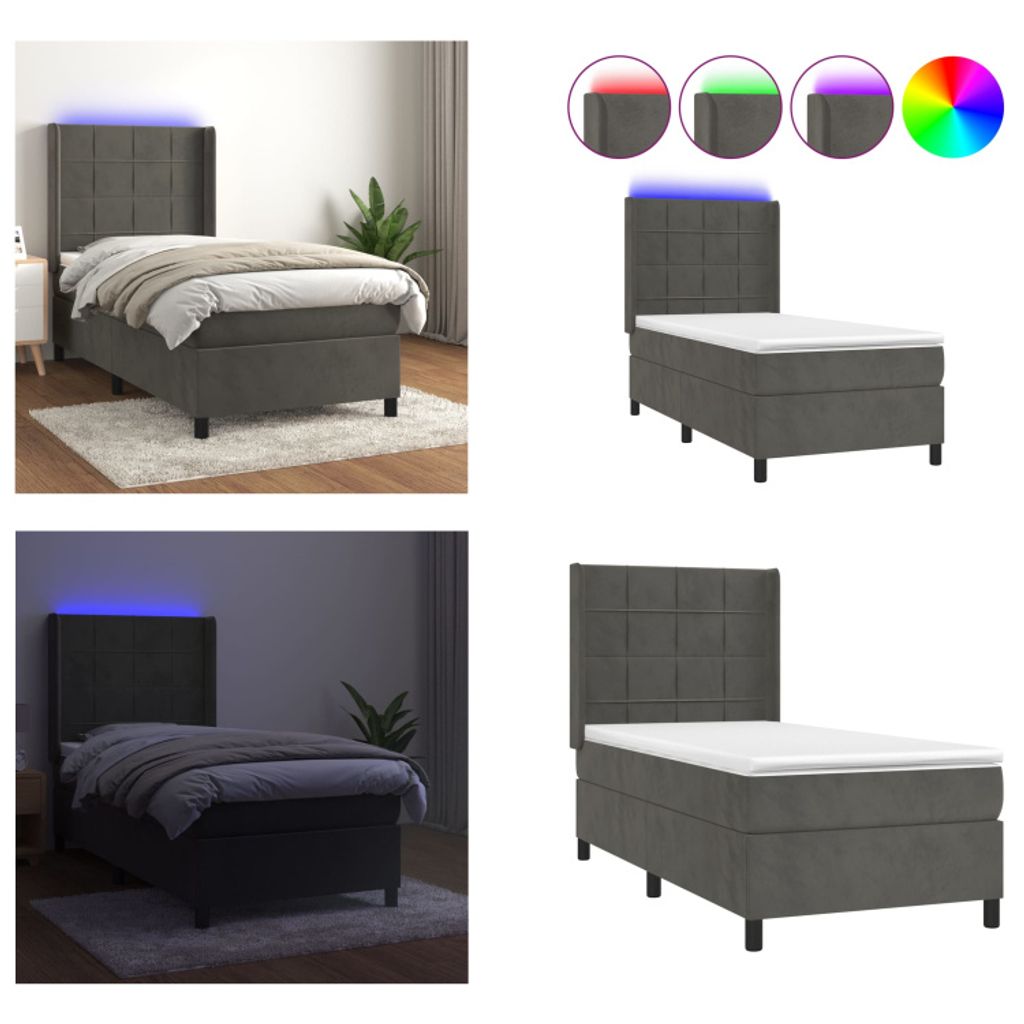 vidaXL Boxspringbett mit Matratze & LED Dunkelgrau 80x200 cm Samt - Boxspringbett - Boxspringbetten - Bett - Schlafzimmermöbel