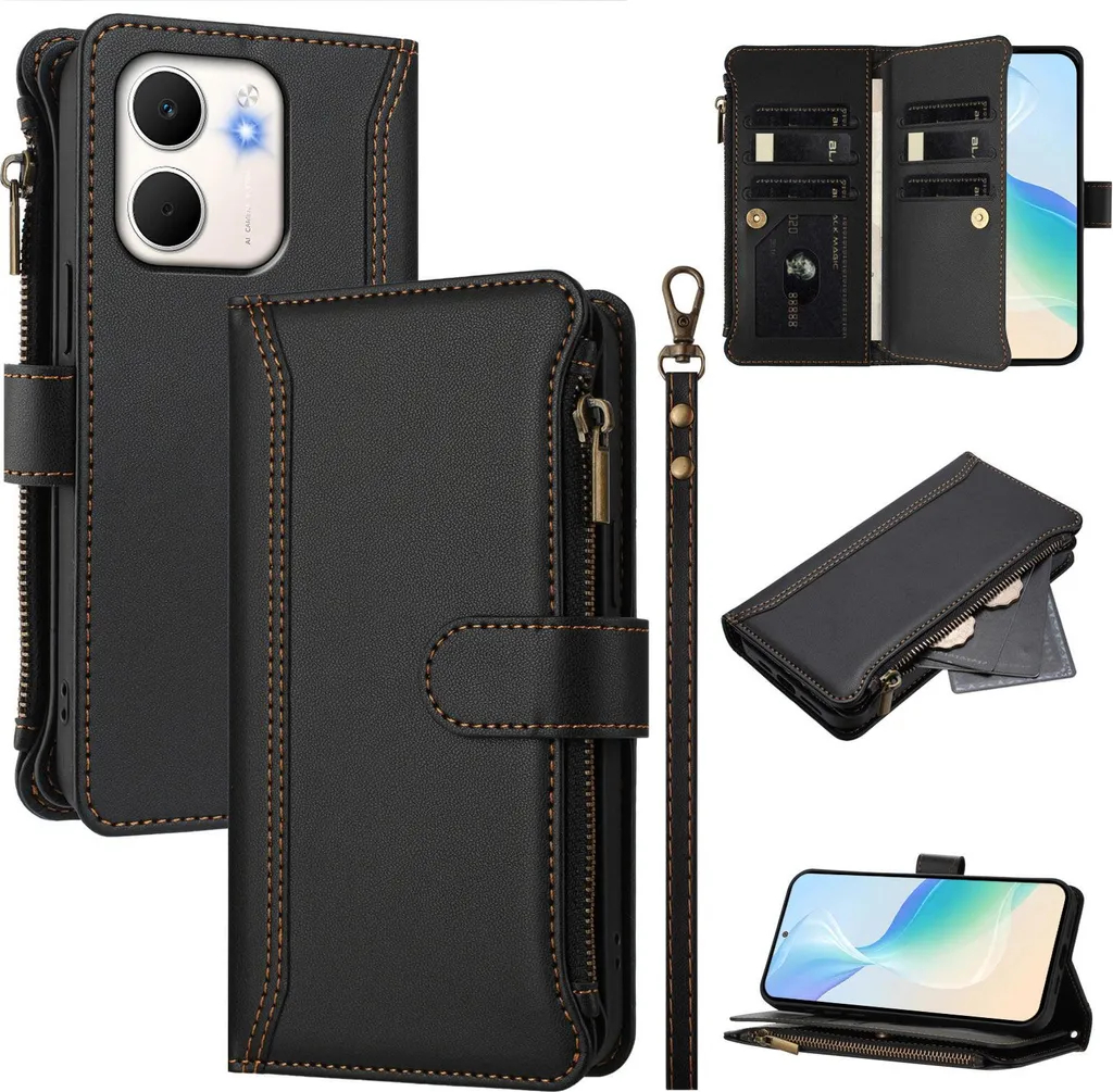 Cover Portafoglio Oppo A5x Nero - Eleganza in Finto Cuoio e Zip
