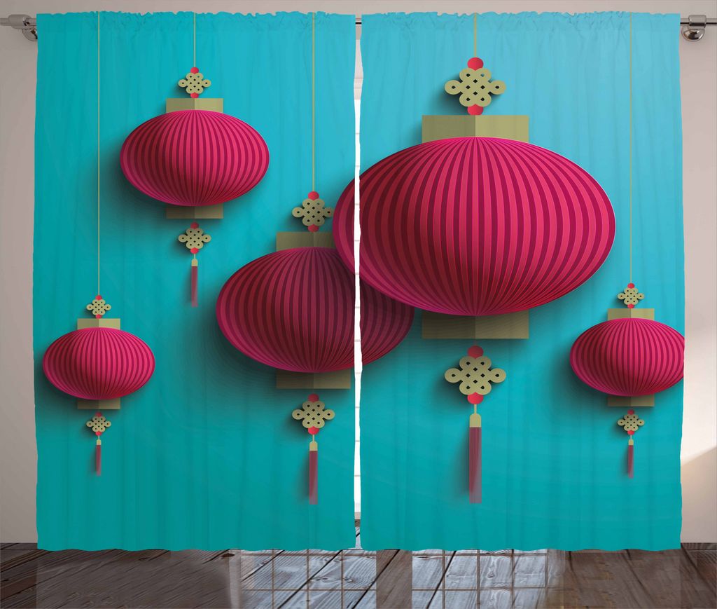 ABAKUHAUS Laterne Rustikaler Gardine, Asiatisches Herbstfest, Schlafzimmer Kräuselband Vorhang mit Schlaufen und Haken, 280 x 225 cm, Dunkle Koral...