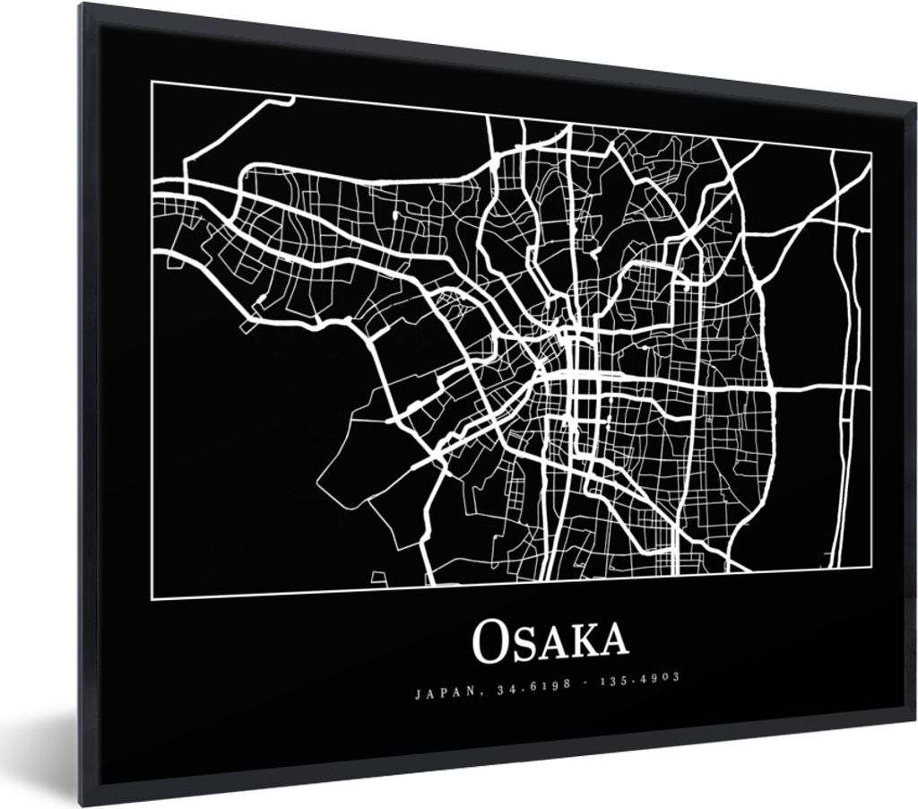 MuchoWow Gerahmtes Poster Karte - Osaka - Stadtplan 80x60 cm - Poster mit Schwarzem Bilderrahmen Wandposter Rahmen Foto Bilder - Schwarzem - Mit ...