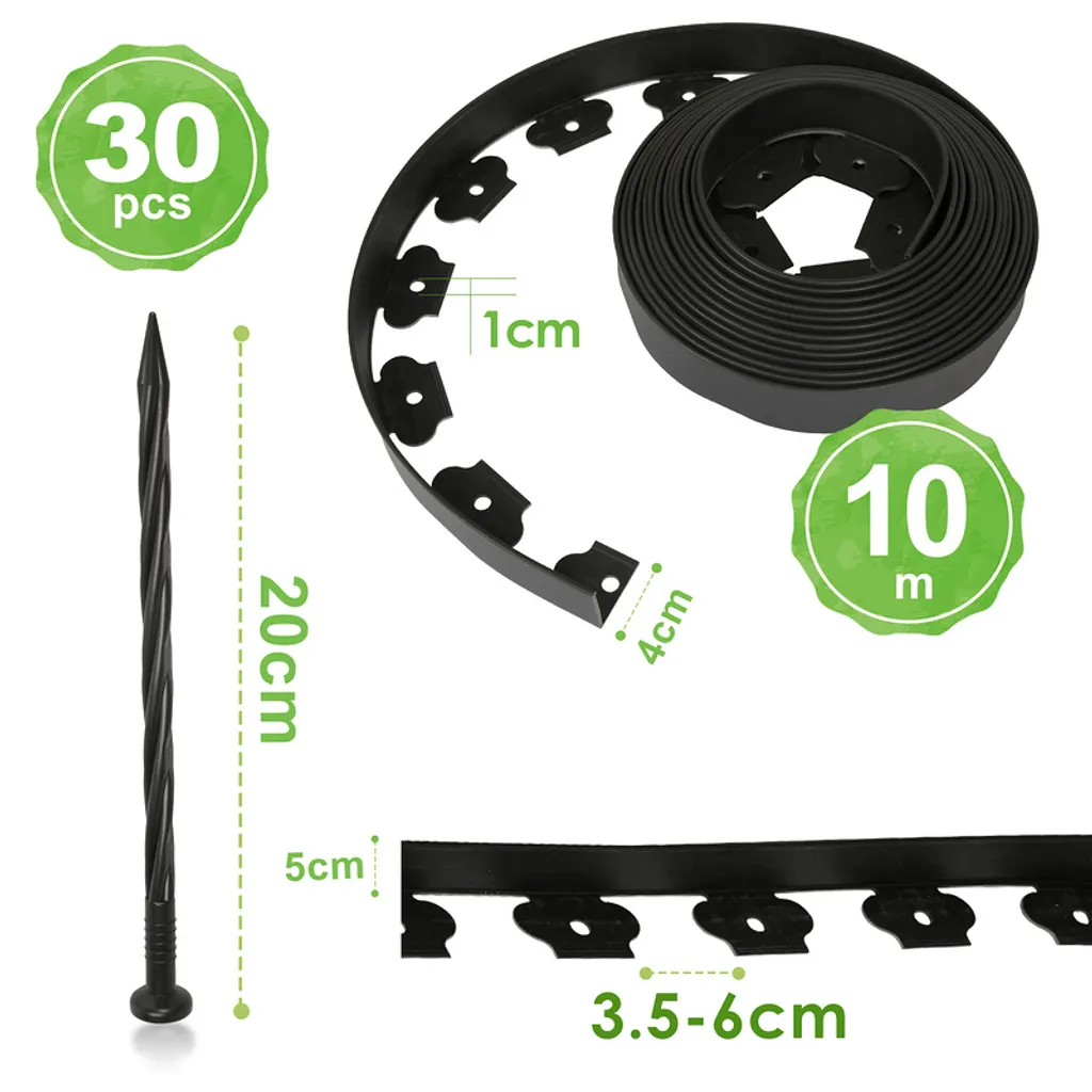 TolleTour Bordatura flessibile per prato, in plastica, con 30 tasselli, lunghezza 10m altezza 5cm, nero