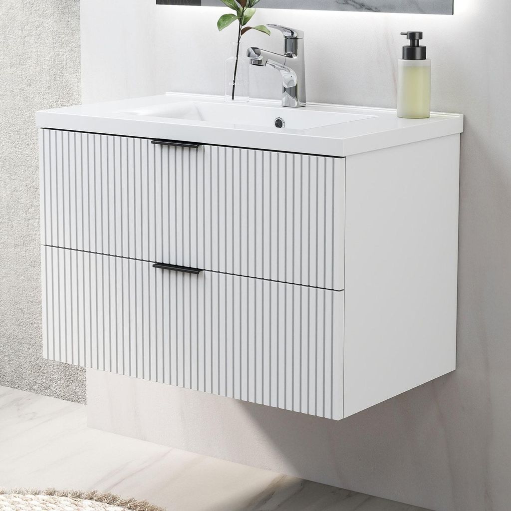 Waschtisch mit Unterschrank 80cm RIVA Badmöbel Set Weiß Keramik Waschbecken mit Unterschrank MDF Softclose