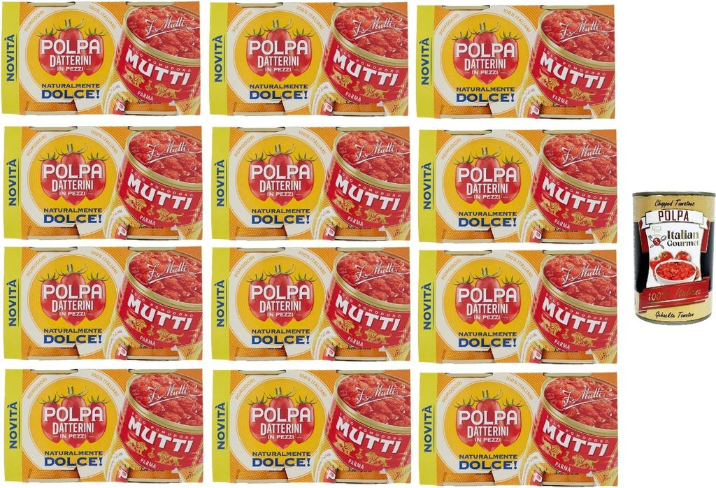 12x Mutti Polpa Datterini natürlich süß Tomaten (300gr x 2), Datterini Tomatenpulpe Tomaten sauce 100% Italienisch + Italian Gourmet polpa 400g