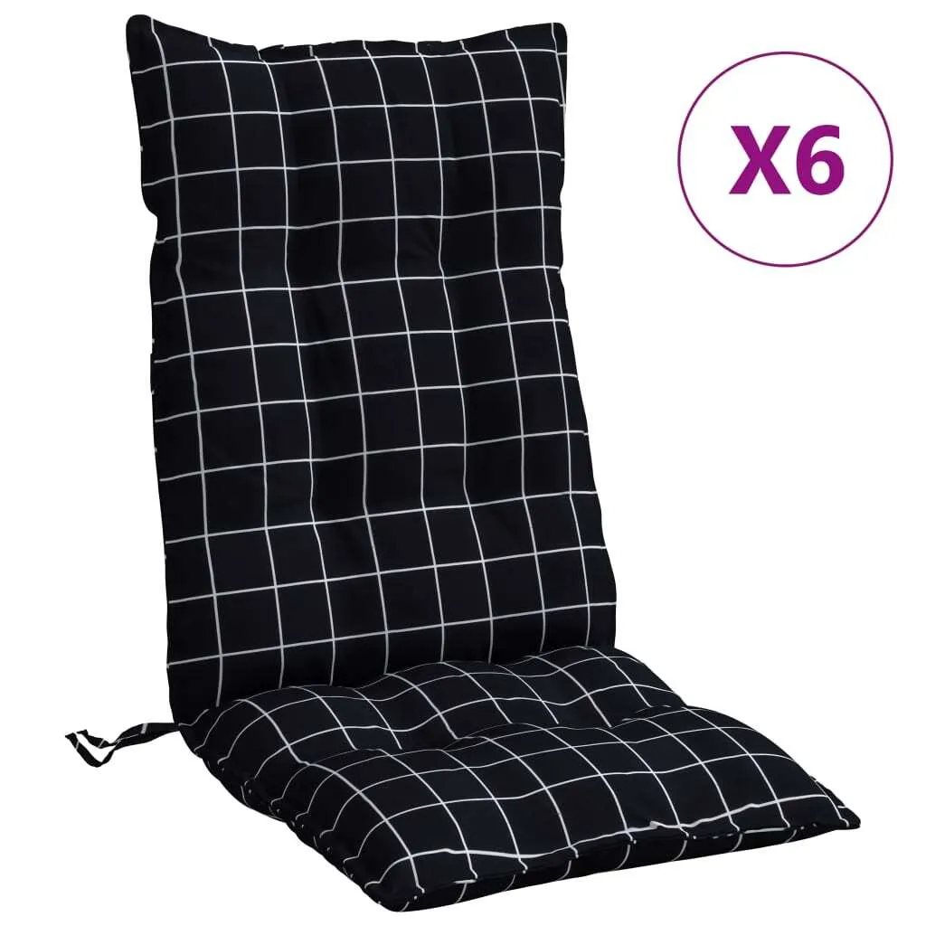 Set 6 Cuscini vidaXL Nero a Quadri per Sedia Esterna Schienale Alto