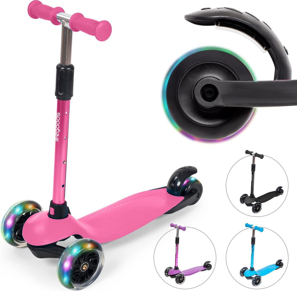 LifeGoods Kinderroller - Roller 2-5 Jahre - 3 Leuchtende LED-Räder - Höhenverstellbar - Jungen/Mädchen - Rosa