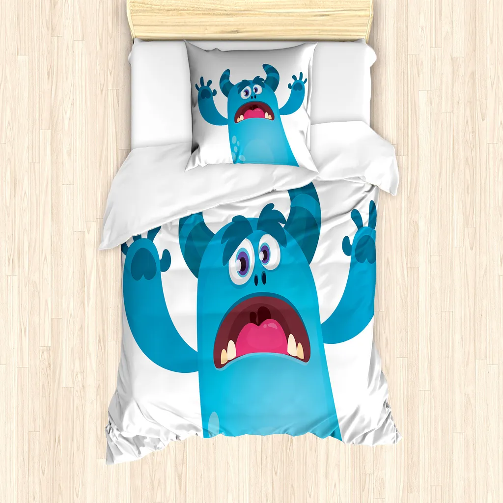 ABAKUHAUS Set copripiumino alieno per letti singoli, personaggio Roaring Monstrous, antiacaro, adatto a chi soffre di allergie, con federa, 135 cm x 200 cm - 80 x 80 cm, blu mare bianco