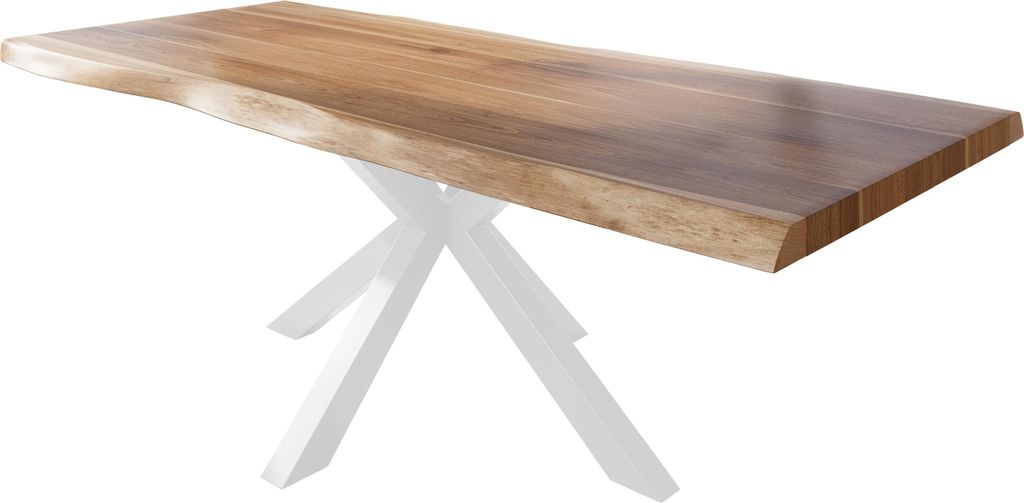 Esstisch Baumkante massiv Akazie natur 240 x 120 Spider-Gestell Metall weiß TITAN