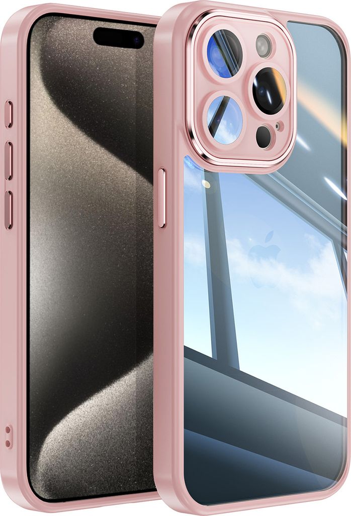 Handyhülle für iPhone 15 Pro Max Hybrid Transparent TPU PC Militärschutz mit Kameraabdeckung Pink