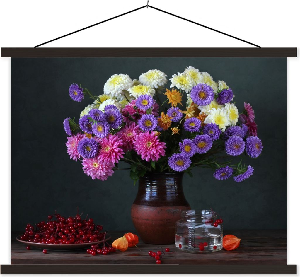 MuchoWow Textilposter Chrysanthemen - Farben - Stilleben 120x90 cm mit schwarzem Rahmen - Aufhänger für Poster