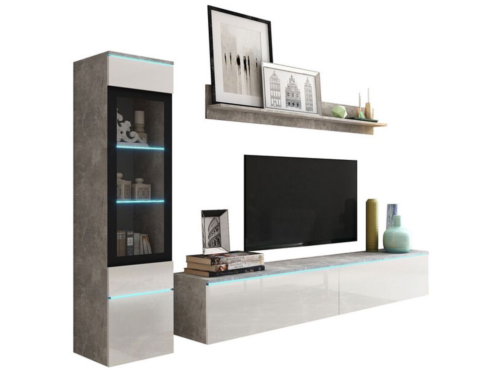 A modern living room wall unit with a display cabinet, TV stand, and shelf.