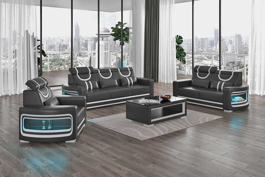 Sofagarnitur Luxus Schwarz Kunstleder 321 Sofas JVmoebel