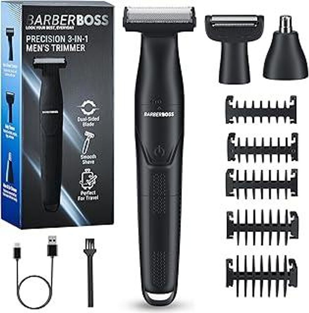BarberBoss 3-in-1 Präzisionstrimmer Herren Bart- und Haarpflegeset für Männer, Körperpflege, Nasen- und Ohrentrimmer, wiederaufladbarer kabello...