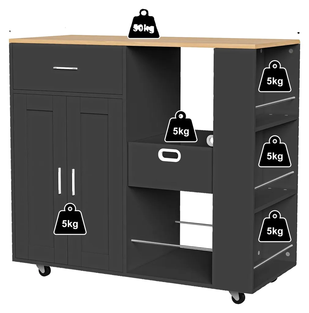 Îlot de cuisine mobile noir à roulettes avec grand espace de rangement