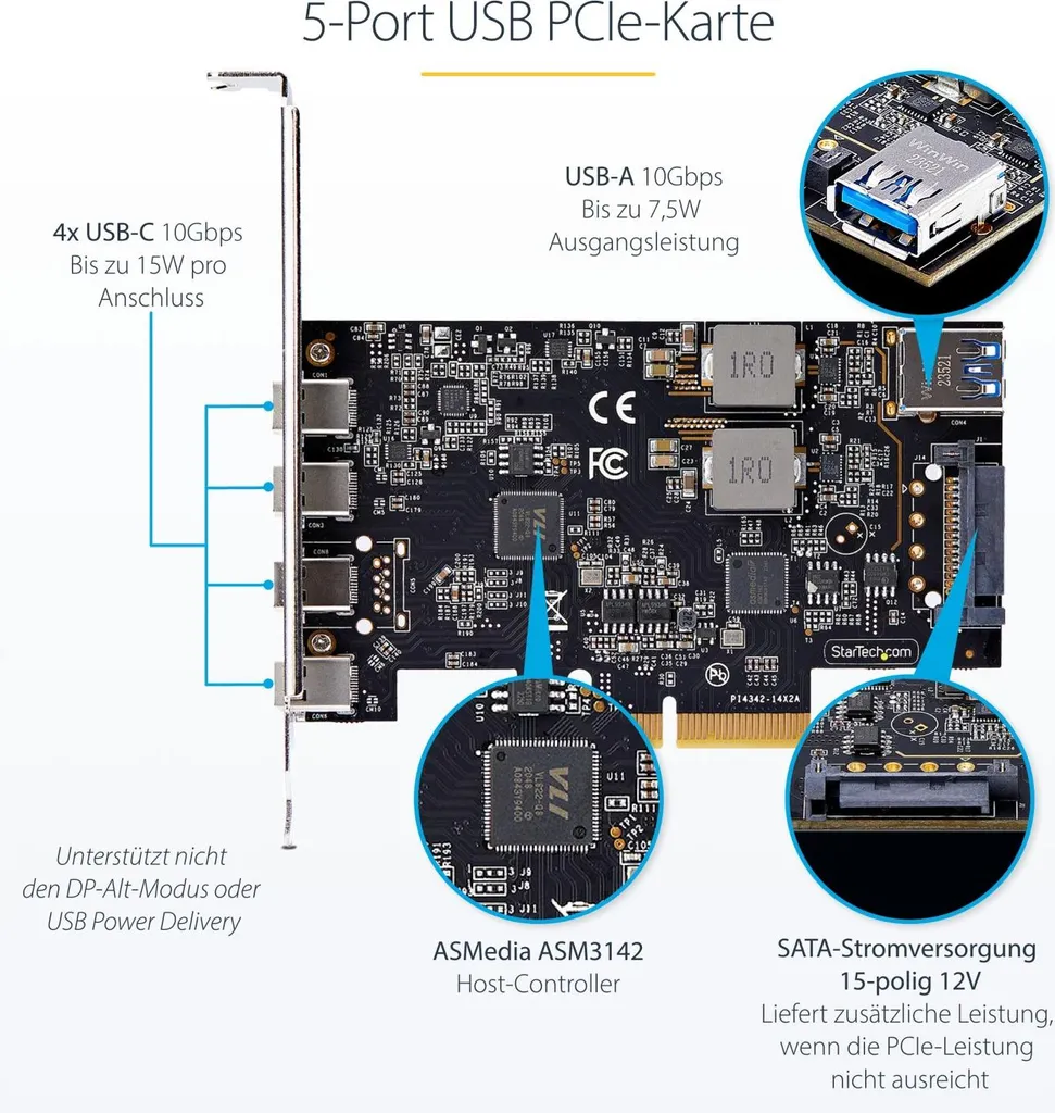 StarTech.com Carte PCIe USB 3.2 10Gbps - 4x USB-C et 1x USB-A Interne - 10