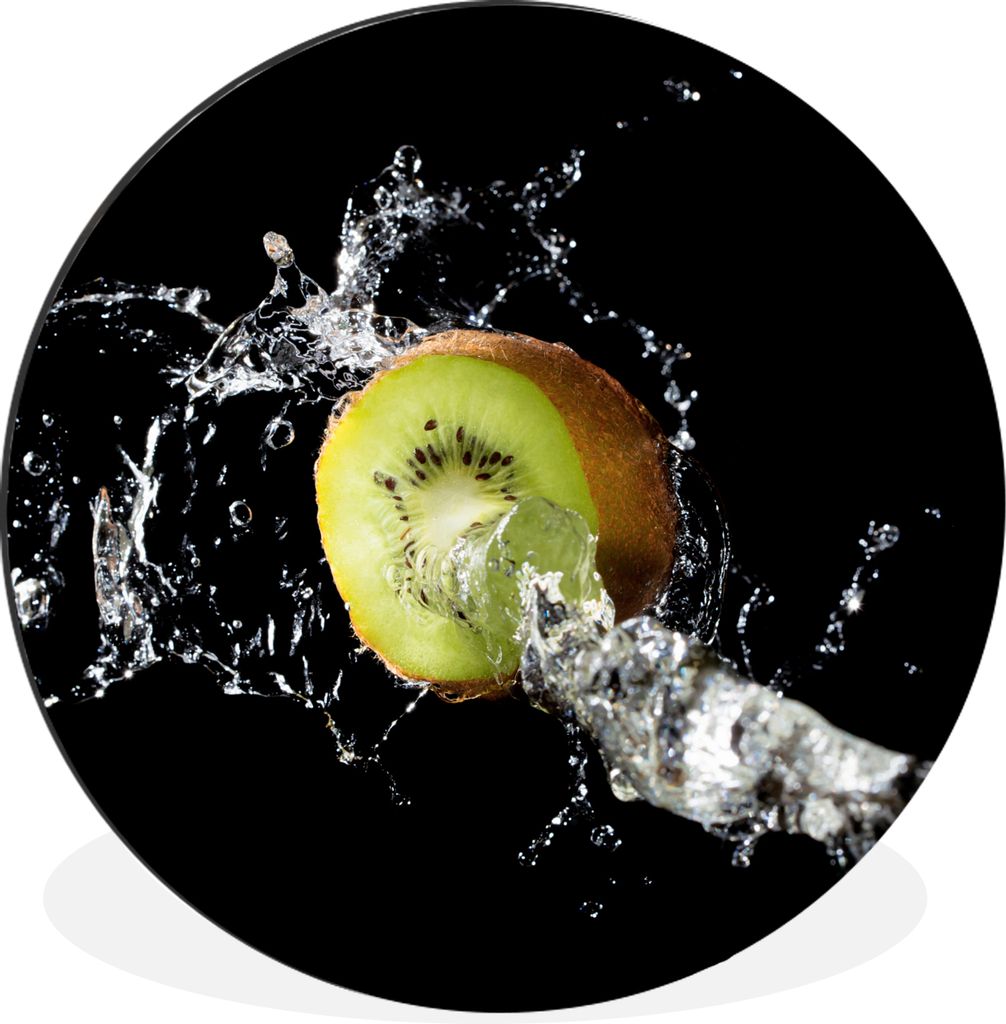MuchoWow Aluminium Wandkreis Kiwi - Obst - Stillleben - Wasser - Schwarz Ø 60 cm Wanddeko Modern Wohnzimmer - Wand Kreis - Wandbild - Schlafzimm...