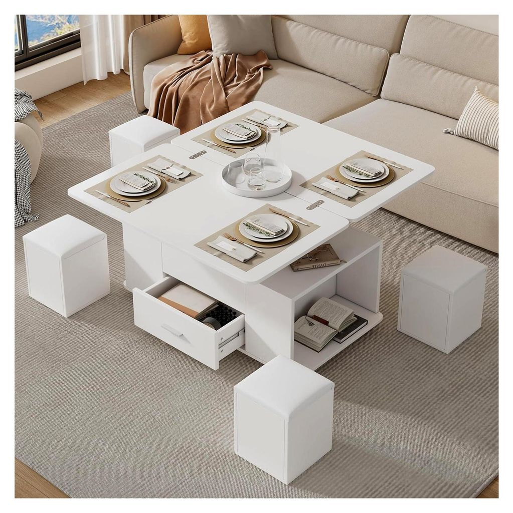 Höhenverstellbarer Couchtisch, Beweglicher Sofatisch, 4-in-1-Multifunktions-Couchtisch, Umwandelbar in Esstisch, Couchtisch mit Schubladen und 4 H...