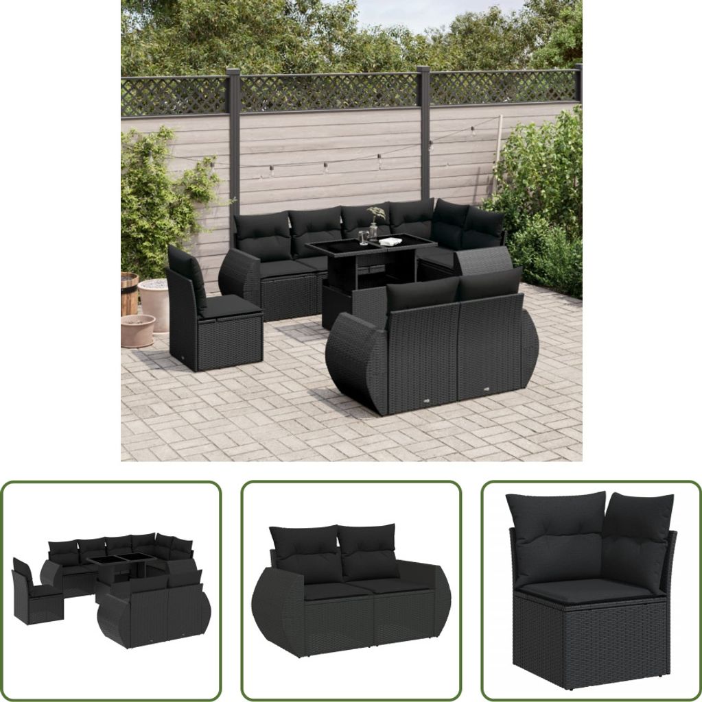 The Living Store 9-tlg. Garten-Sofagarnitur mit Kissen Schwarz Poly Rattan