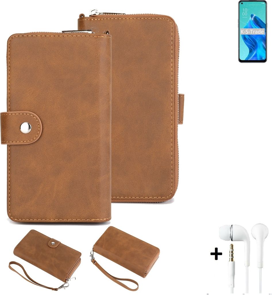 K-S-Trade Handy Schutz Hülle kompatibel mit Oppo Reno5 A 5G + Kopfhörer Portemonnee Tasche Wallet-Case Bookstyle-Etui braun (1x)