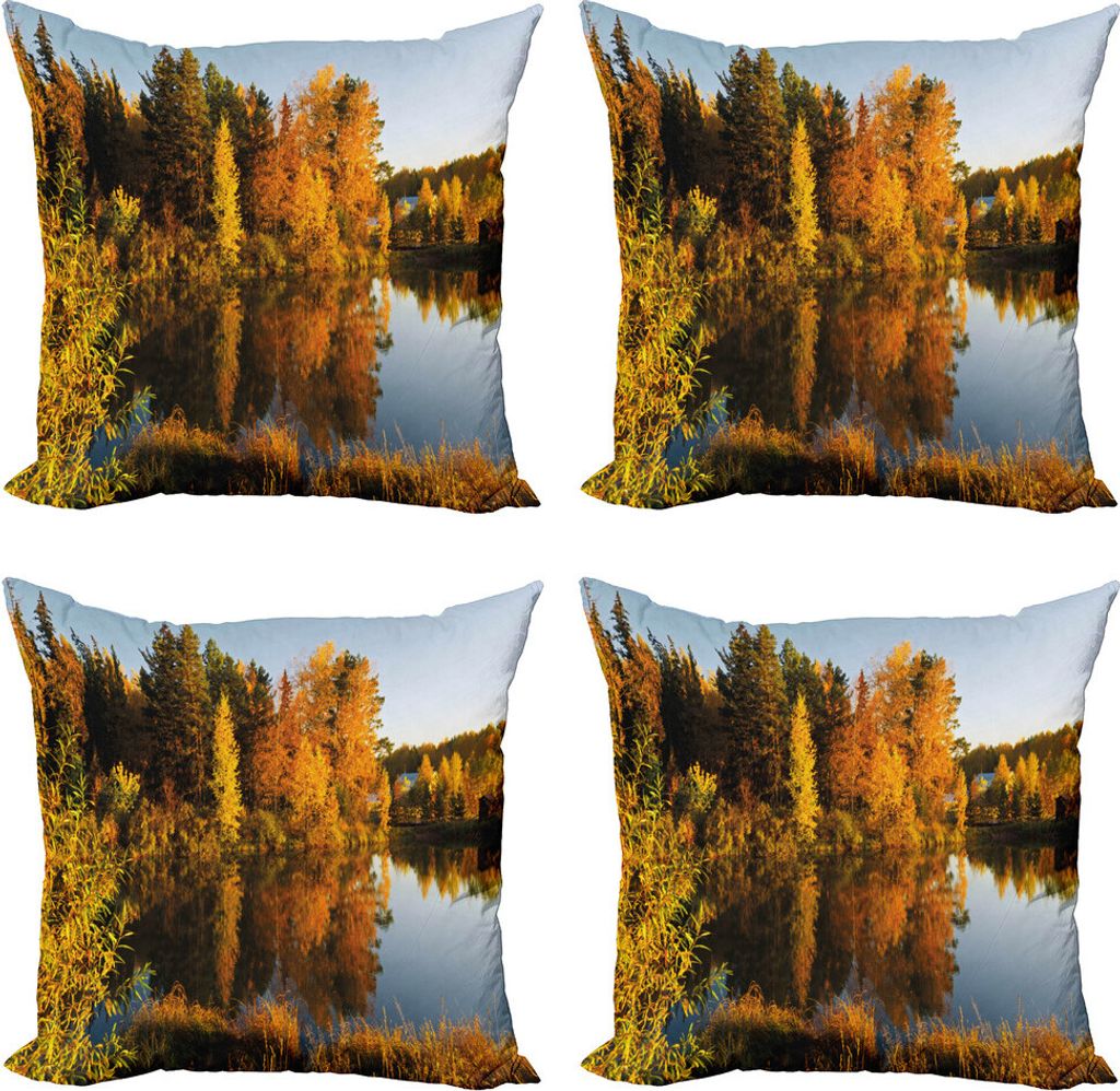 ABAKUHAUS Fallen Kissenbezug Set (4 Stück), See Wald bei Sonnenuntergang, Moderner Doppelseitiger Digitaldruck, 45 cm x 45 cm, Mehrfarbig