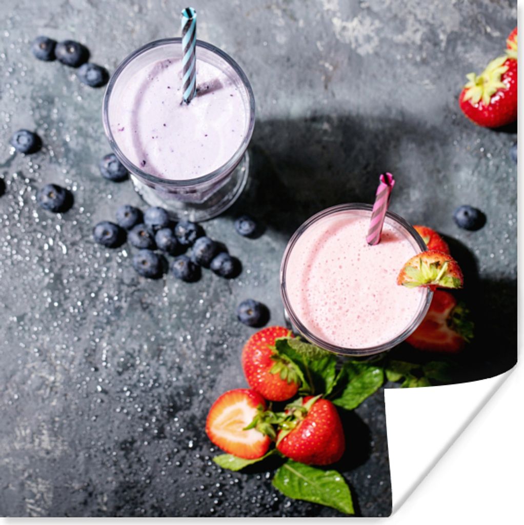 MuchoWow Poster Smoothie - Obst - Erdbeere - Beere - Marmor 75x75 cm - Wand Dekoration
