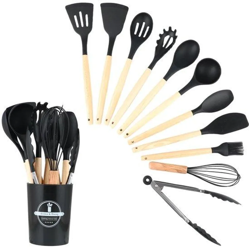 Set de cuisine en silicone 12 pièces noir résistant à la chaleur