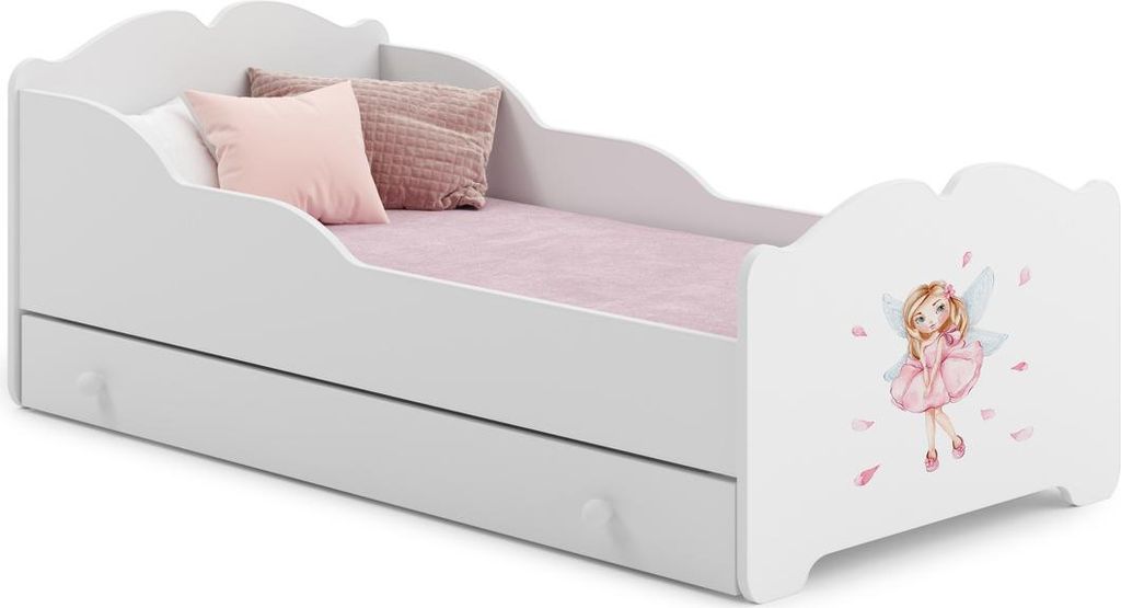 Kinderbett ANNA mit Schublade 160x80 – Mädchenbett Weiß, Motiv mit Flügeln, inkl. Matratze und Montagekit, Sicherheitsbarriere, FLEX Lattenrost