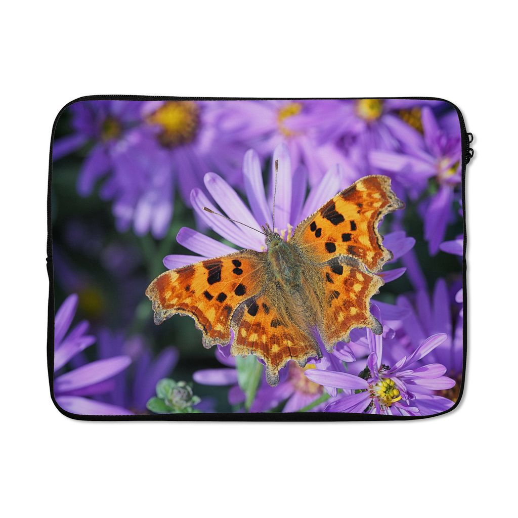 MuchoWow Laptop Hülle 15 Zoll Schmetterlingssittich auf lila Blumen Laptoptasche - Laptoptasche - Sleeve - Rundum-Schutz