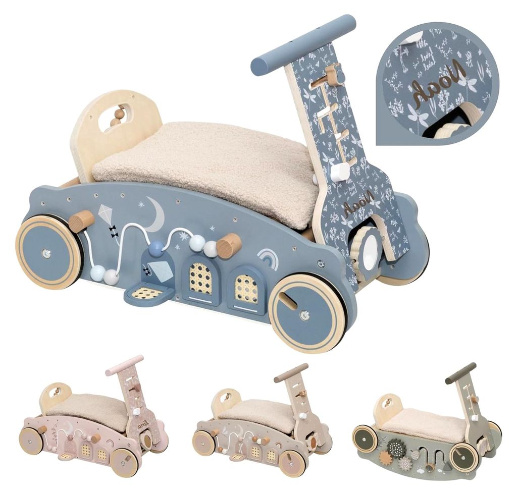 3in1 Lauflernwagen aus Holz personalisiert Olive – Lauflernhilfe, Rutscheauto & Wippe in einem – Montessori Motorikspiel – Stabiler Baby Schi...