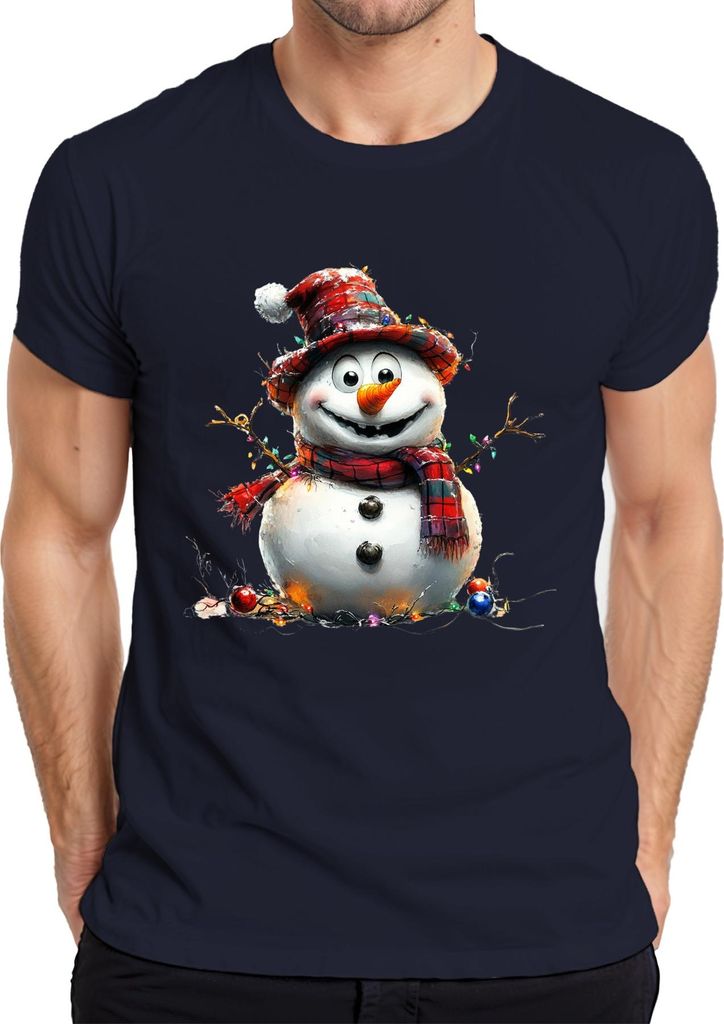 Schneemann Lustig Karottennase kariert Hut Lichterkette Winter Herren T-Shirt, Navy, M