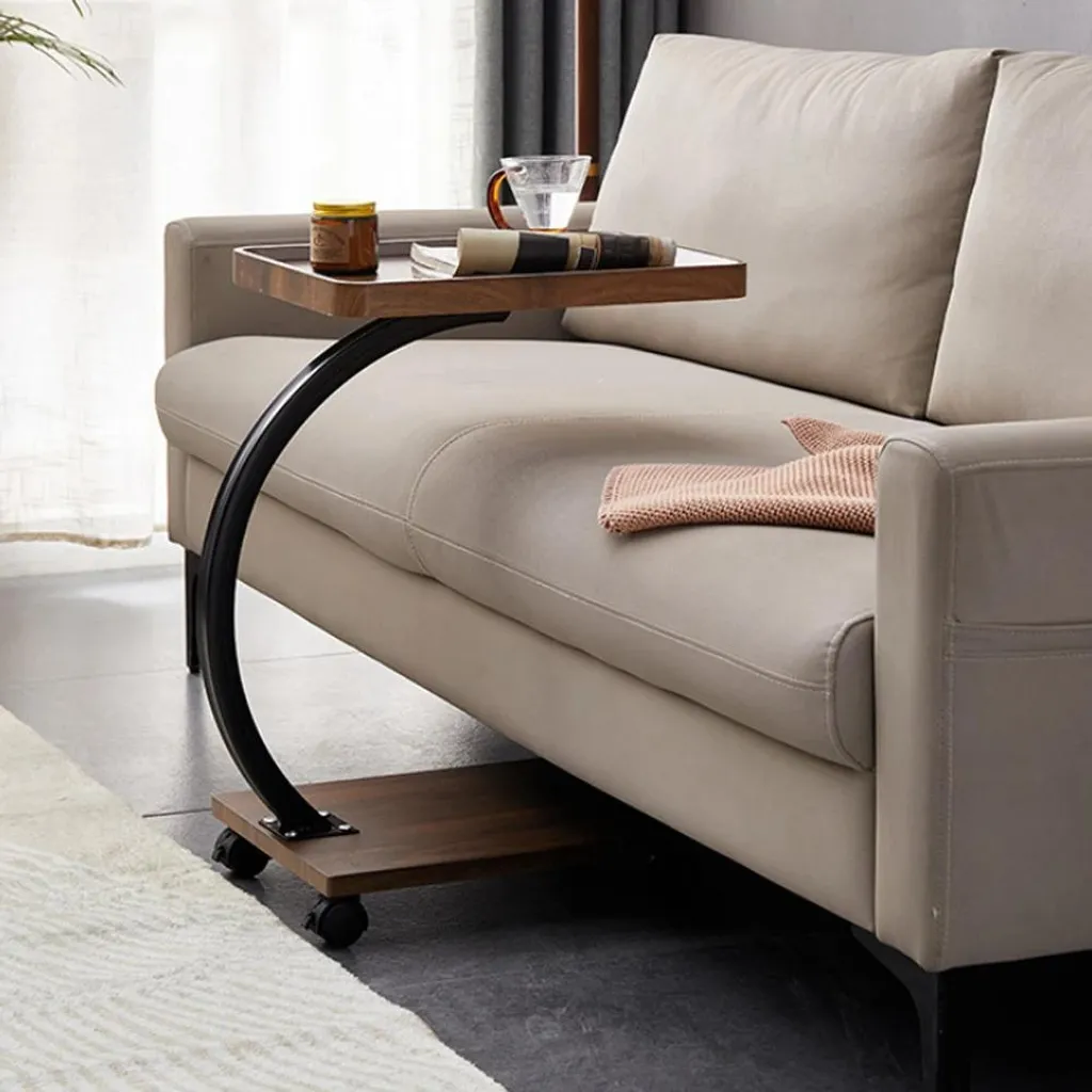 Table d'appoint mobile rectangulaire en noyer avec double rangement