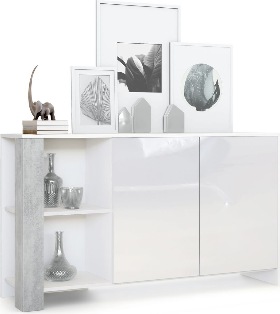 Vladon Sideboard Canto, Germany, lange Anrichte mit 2 Türen und 6 Fächern, Korpus Weiß matt, Fronten Weiß Hochglanz, Nachbildung-Paneele Beton ...