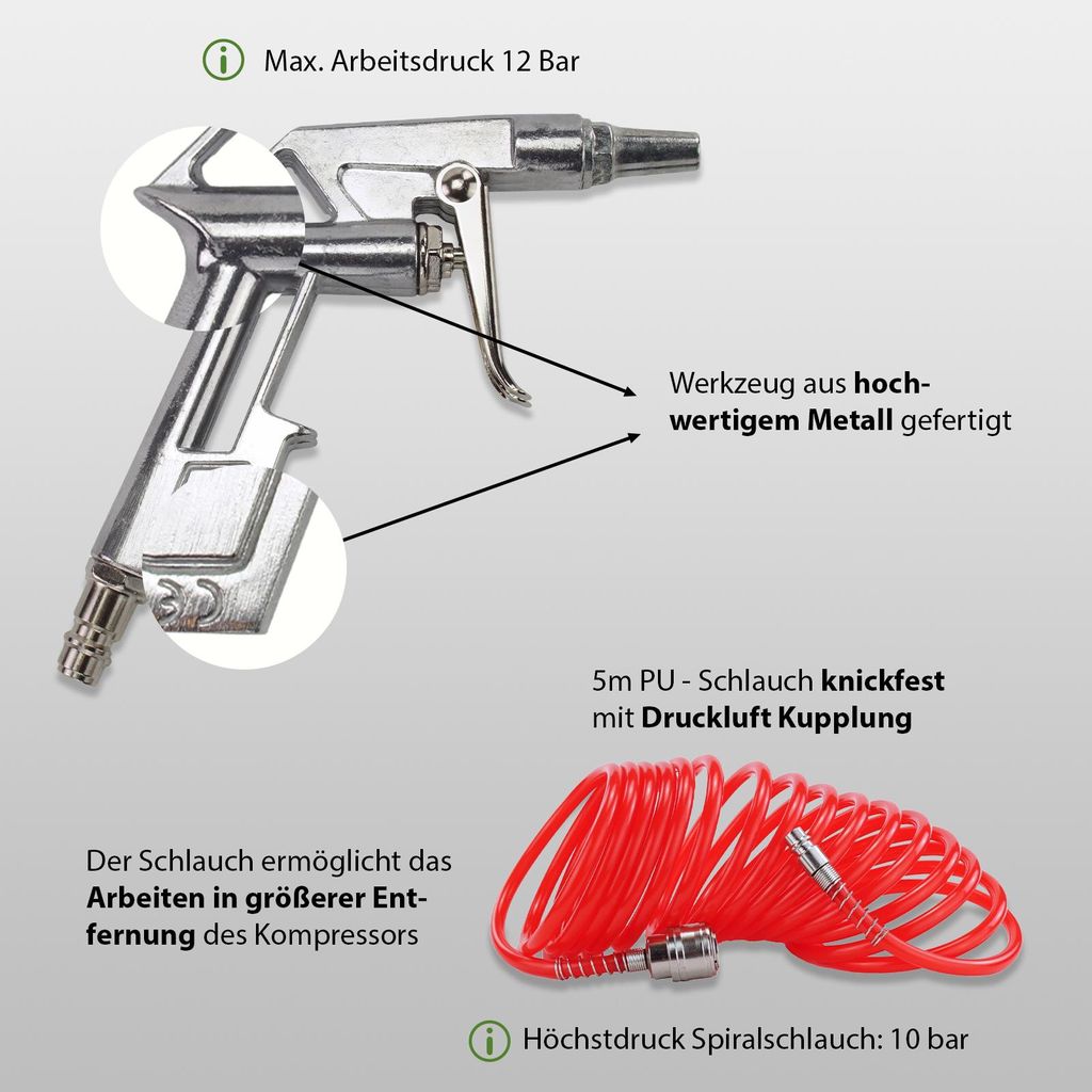 3-tlg. Druckluft-Set KFZ – Spiralschlauch, Reifenfüllmesser & Ausblaspistole, 12 Bar, 1/4 Zoll 3-tlg. Druckluft-Set KFZ – Spiralschlauch, Reifenfüllmesser & Ausblaspistole, 12 Bar, 1/4 Zoll