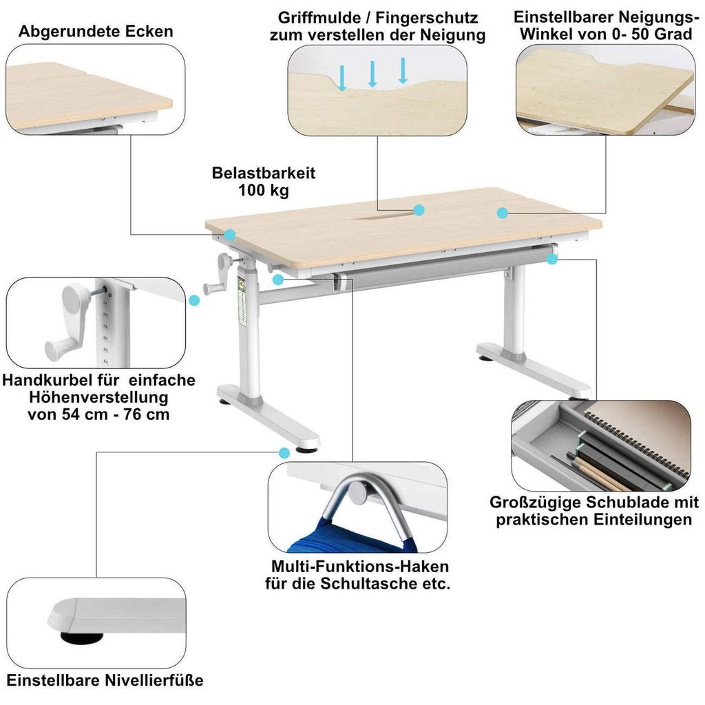 HOKO®Ergo Schülerschreibtisch höhenverstellbar 54-76 cm, Produktbild 