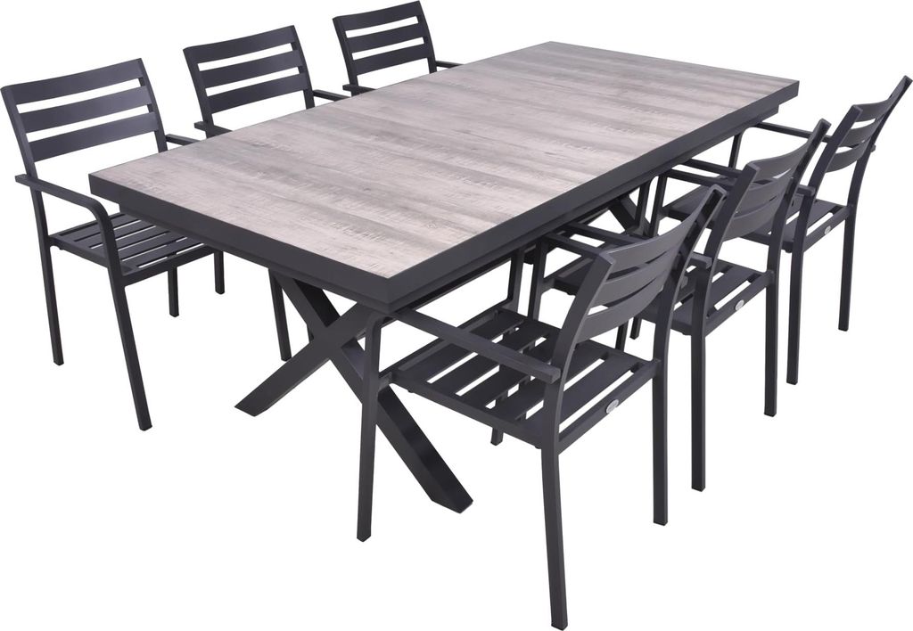 Garten-Sitzgruppe JANA 7-tlg. - Alu/Keramik, Eiche-Optik, Grau | Gartenmöbel-Set Gartengarnitur Garten-Essgruppe mit Stapelstühlen B und Esstisch