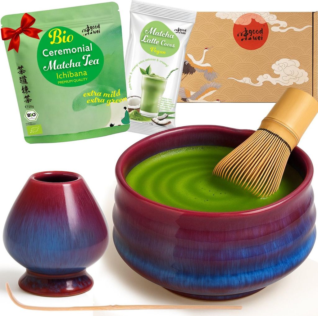 Matcha Teezeremonie Set "Seiun" mit Schale, Besen, Besenhalter & Matchapulver + Cocos – edles Komplettset für Matcha-Genuss und Zeremonie