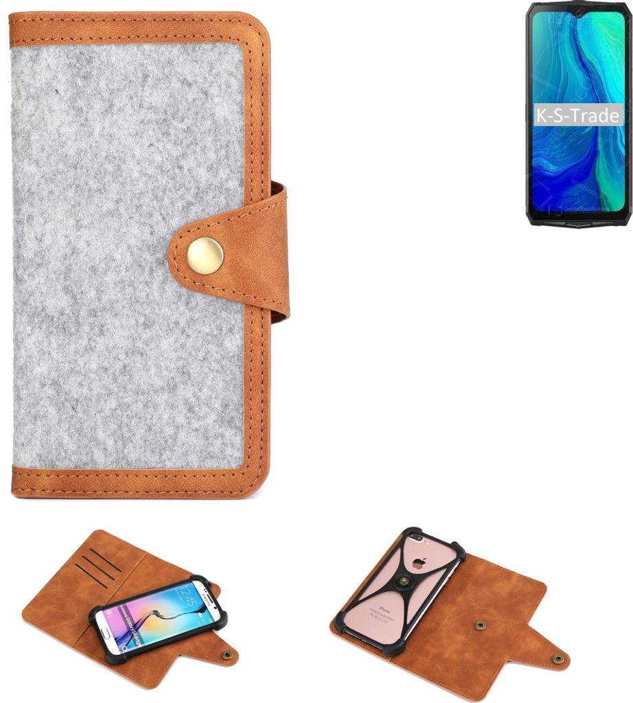 K-S-Trade Handyhülle kompatibel mit Blackview BV9100 Schutzhülle Filz-Hülle Kunst-Leder hellgrau braun (1x)