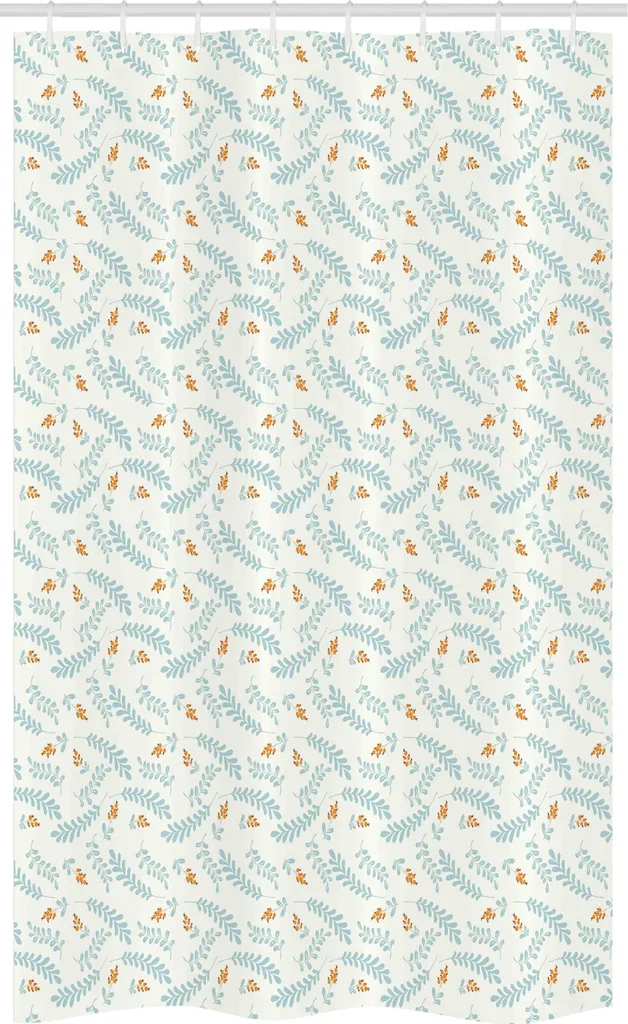 ABAKUHAUS Tenda da doccia stretta con motivi floreali, morbide foglie color bacca pastello, set decorativo per bagno in tessuto con ganci, 120 x 180 cm, albicocca e blu cadetto chiaro