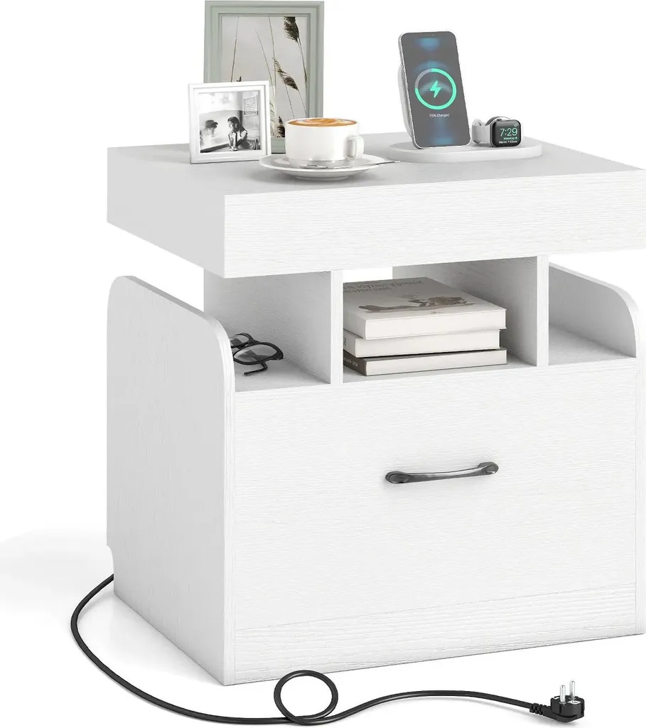 Table de chevet blanche en bois style marocain avec station de charge