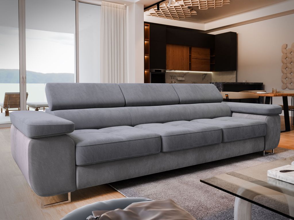 Sofa MOSINE Grau Velours-Stoff mit Schlaffunktion, Wohnzimmersofa, Couch, Soffa, Bettsofa, Couchgarnitur- Grau, MONOLITH 85 + MONOLITH 84