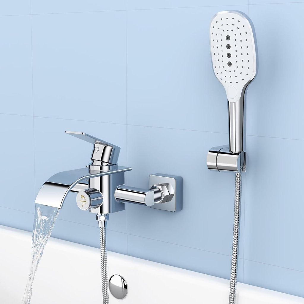 Badewannenarmatur mit Handbrause, Wasserfallarmatur, Badewanne, Messing-Mischbatterie, Dusche mit Druckschalter, Chrom-Duscharmatur mit 3 Funktione...