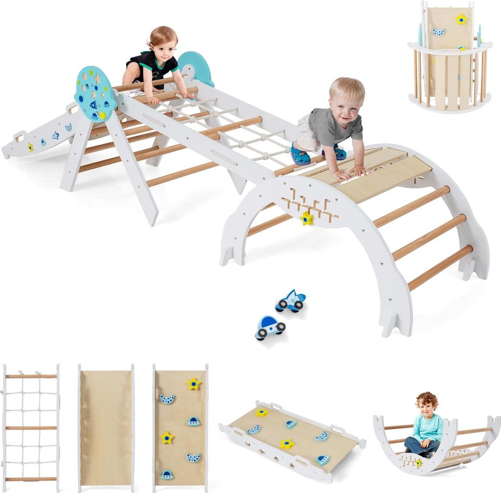 GOPLUS Klettergerüst, 4er Set Kletterspielzeug mit Kletternetz, Kletterbogen, Wippe & Leiter, inkl. Baustein Set, Kletterdreieck für Kinder, Astr...