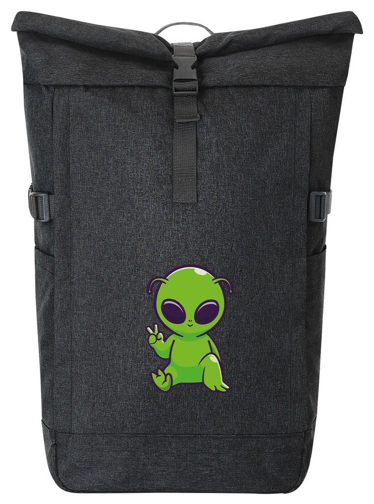Huuraa Kurierrucksack Alien Comic 30-44 Liter Black Melange Fairtrade Rolltop Rucksack Geschenkidee