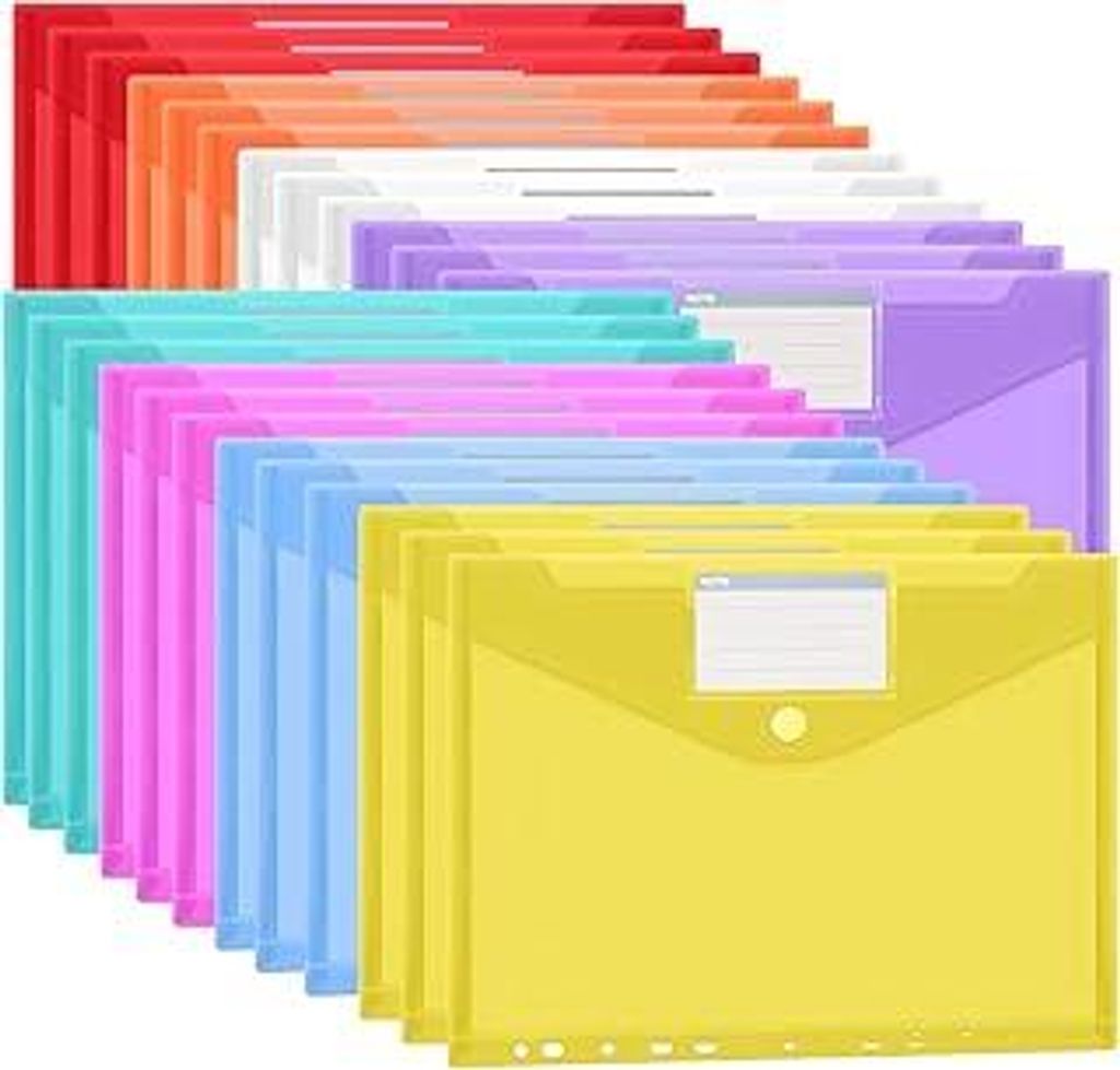 Dokumentenmappe A4 Abheftbar 24 Stück, 8 Farben Dokumententasche A4 mit Klettverschluss, 11 Lochrand und Etikettentasche, Transparente Sammelmappe...