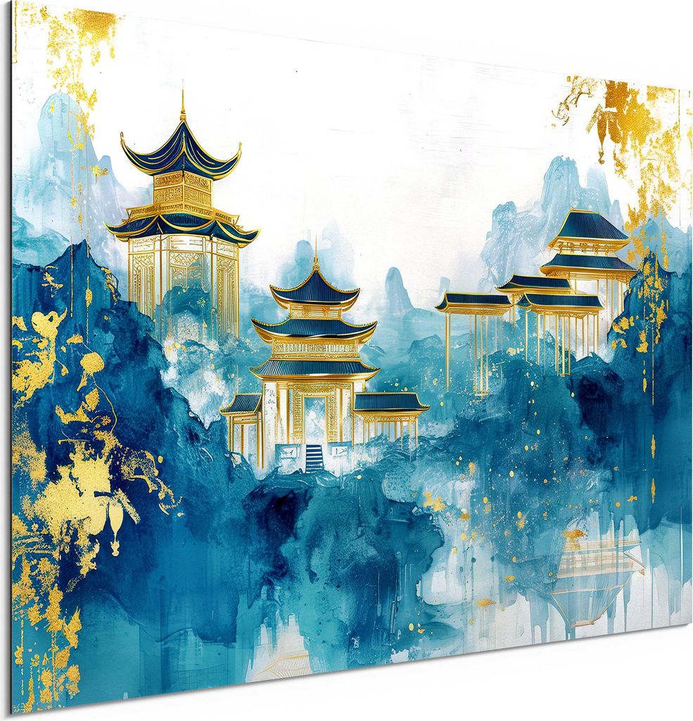 DEQORI Alu-Dibond Bild Weiß 60x40 cm 'Pagoden im Nebelglanz' Wandbild Metall dünn Design