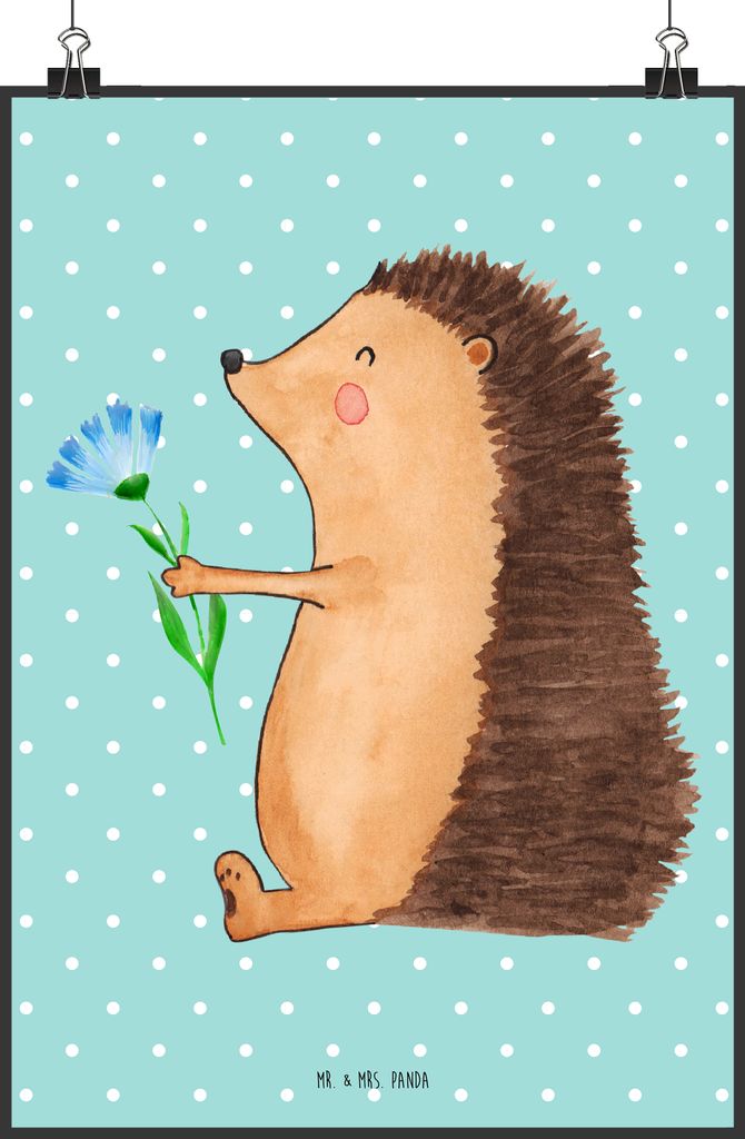 Mr. & Mrs. Panda Bild Igel Blumen DIN A2 - Türkis Pastell - Geschenk, Lustige Sprüche, Plakat, Gute Besserung, drucke, krank, wanddeko, Krankenha...