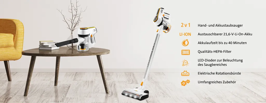 Aspirateur balai sans fil et à main ETA Supersonic 21,6V avec filtre HEPA