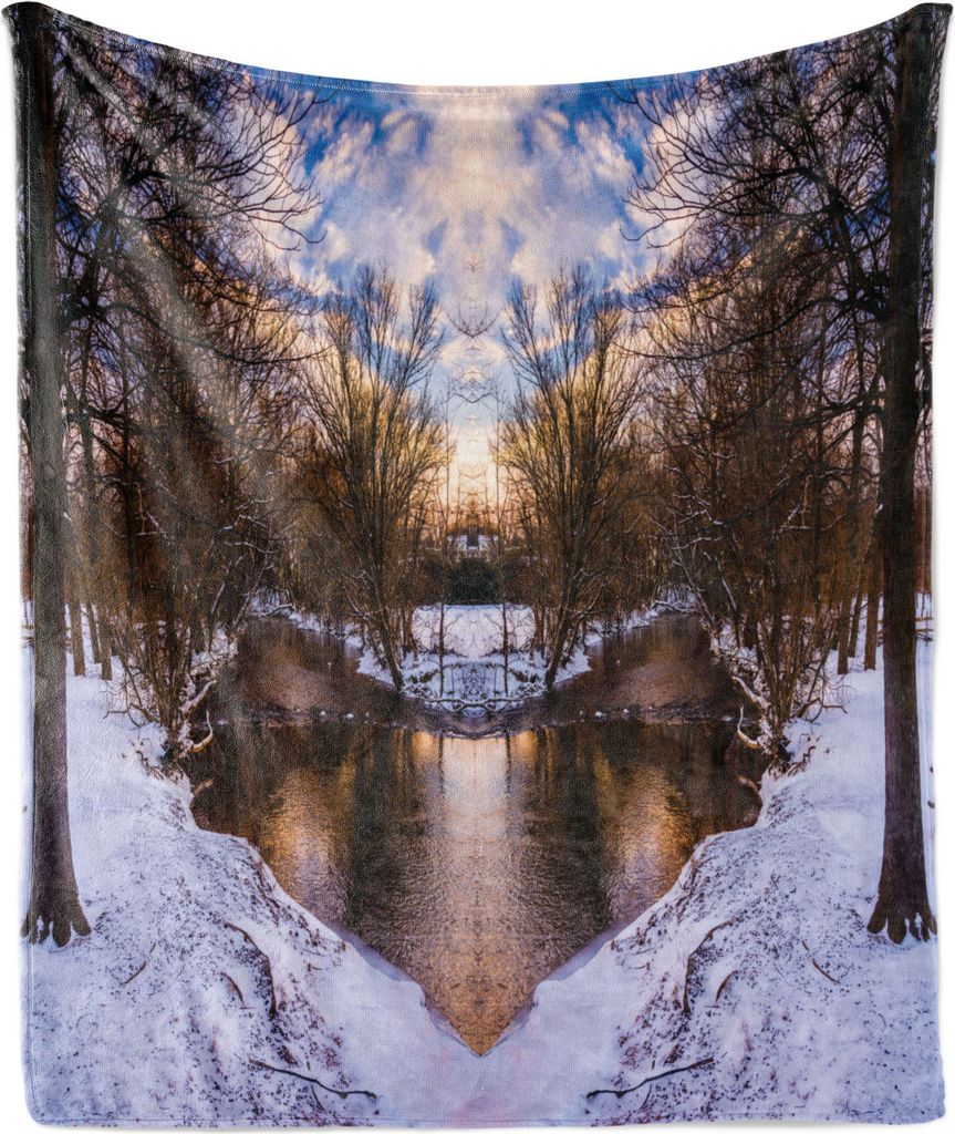 ABAKUHAUS Landschaft Weich Flanell Fleece Decke, Snowy-Winter-Park-Bäume Herz-Form-See-Fluss-Sonnenuntergang-Ansicht Symmetrische Kunst, 175 x 230...