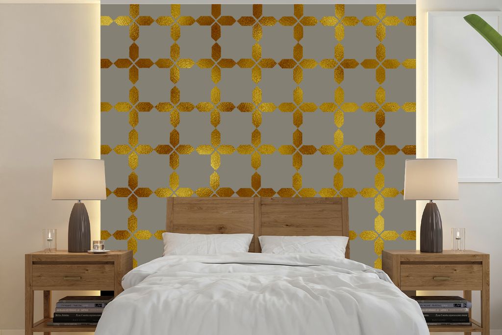 MuchoWow Fototapete für Wohnzimmer oder Schlafzimmer Wandtapete Vinyl Motivtapete Muster - Luxus - Grau - Gold - 220x220 cm - Tapeten